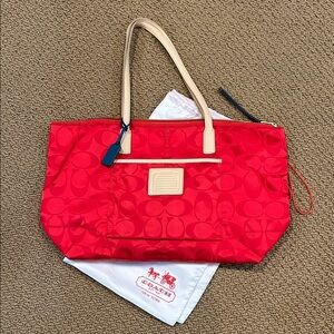 Coach Legacy Weekend Signature Nylon Tote Bag Red with Charm and Dust Bag